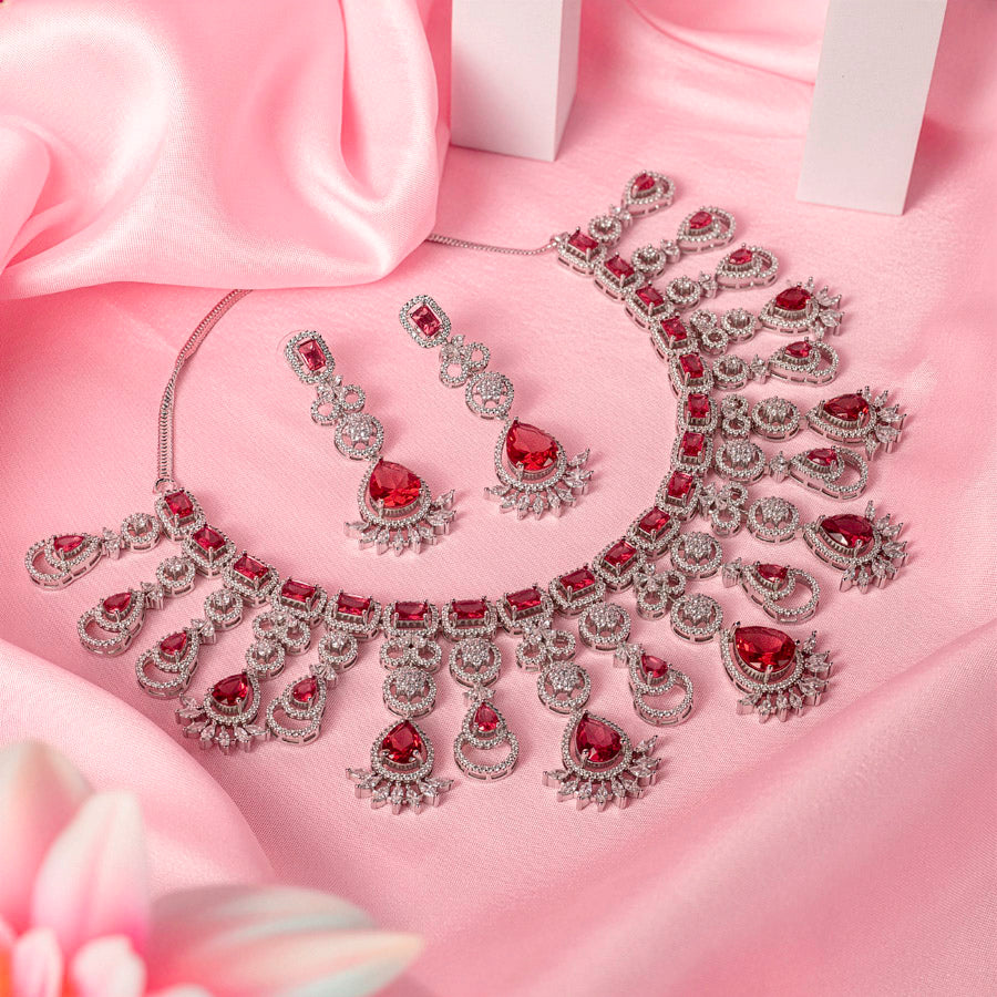 Ruby Red Silver Lightweight Short American Diamond Necklace Set for Women for Occasion and Party Wear (MC-NS-013-RB-SL)