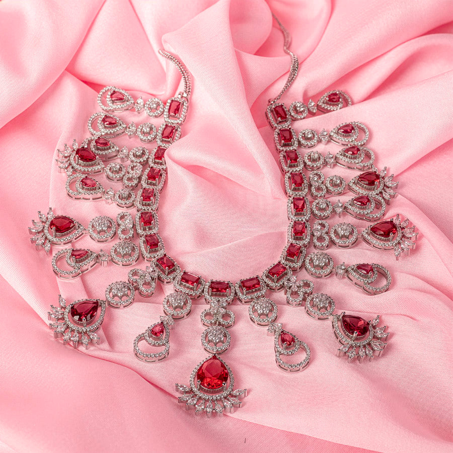 Ruby Red Silver Lightweight Short American Diamond Necklace Set for Women for Occasion and Party Wear (MC-NS-013-RB-SL)