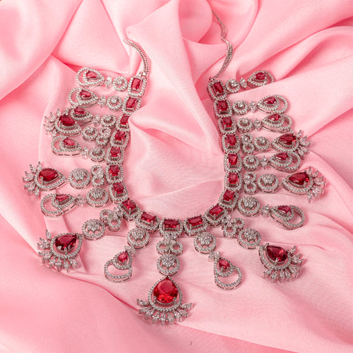 Ruby Red Silver Lightweight Short American Diamond Necklace Set for Women for Occasion and Party Wear (MC-NS-013-RB-SL)