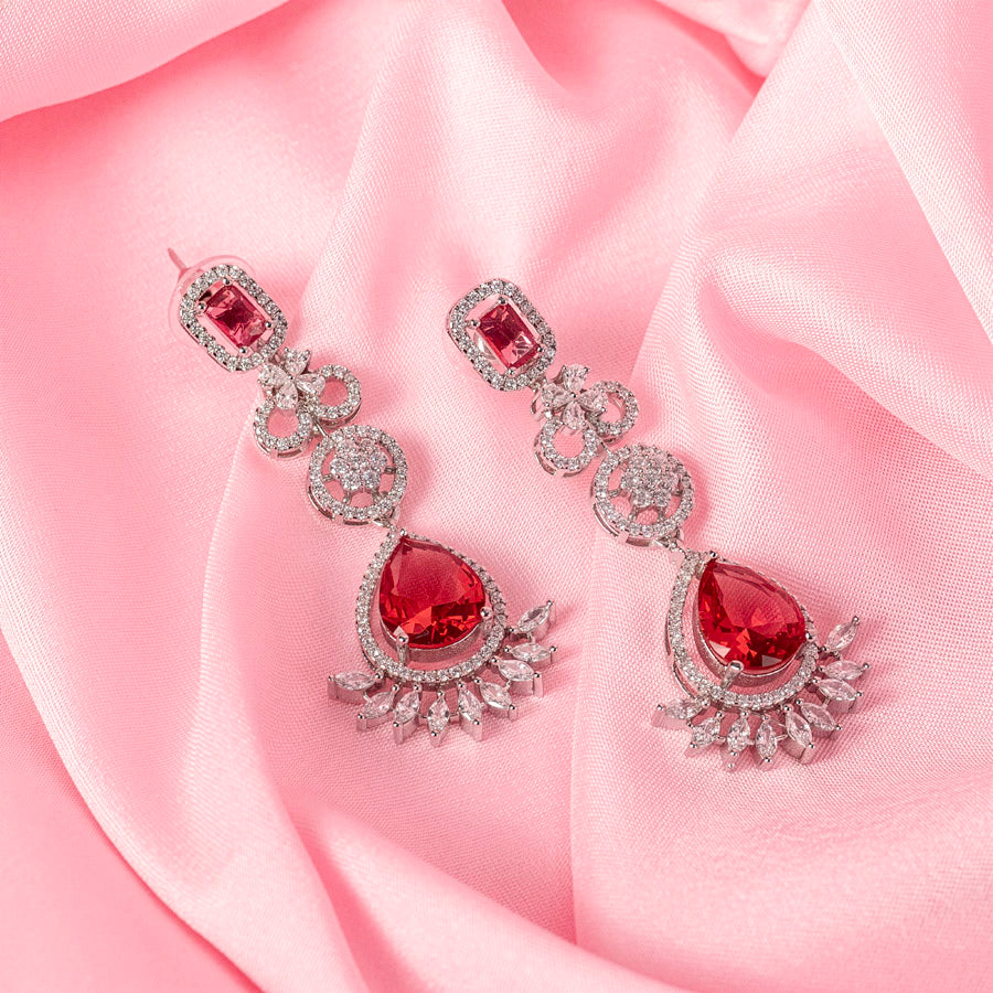 Ruby Red Silver Lightweight Short American Diamond Necklace Set for Women for Occasion and Party Wear (MC-NS-013-RB-SL)