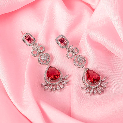 Ruby Red Silver Lightweight Short American Diamond Necklace Set for Women for Occasion and Party Wear (MC-NS-013-RB-SL)
