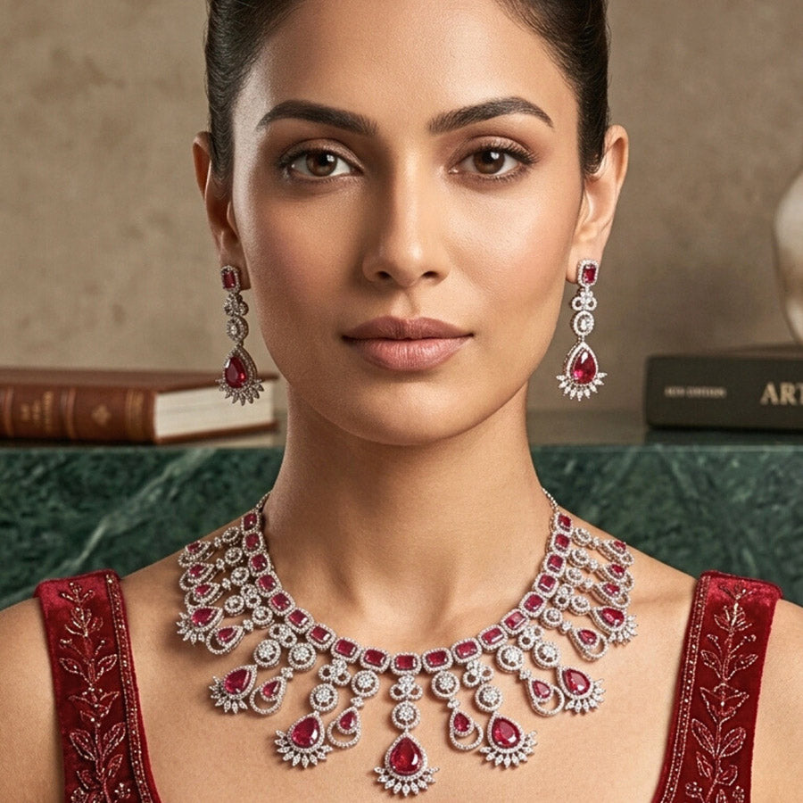 Ruby Red Silver Lightweight Short American Diamond Necklace Set for Women for Occasion and Party Wear (MC-NS-013-RB-SL)