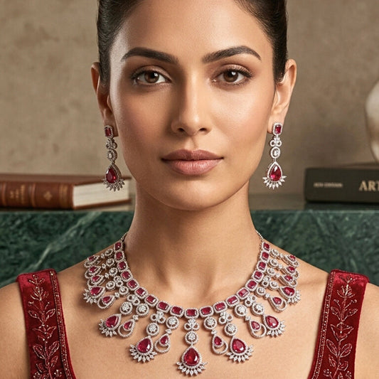 Ruby Red Silver Lightweight Short American Diamond Necklace Set for Women for Occasion and Party Wear (MC-NS-013-RB-SL)
