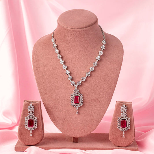 Ruby Red Silver Short Lightweight American Diamond Necklace Set for Women for Occasion and Party Wear (MC-NS-009-RB-SL)