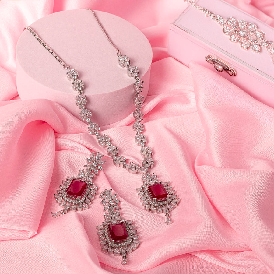 Ruby Red Silver Short Lightweight American Diamond Necklace Set for Women for Occasion and Party Wear (MC-NS-009-RB-SL)