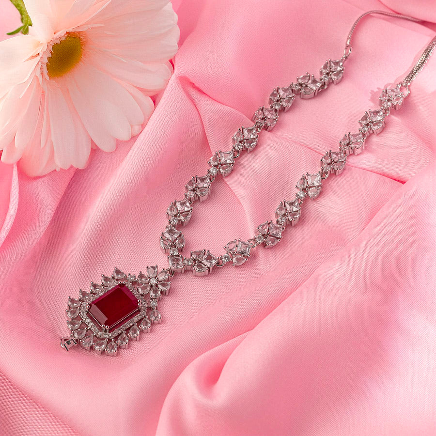Ruby Red Silver Short Lightweight American Diamond Necklace Set for Women for Occasion and Party Wear (MC-NS-009-RB-SL)