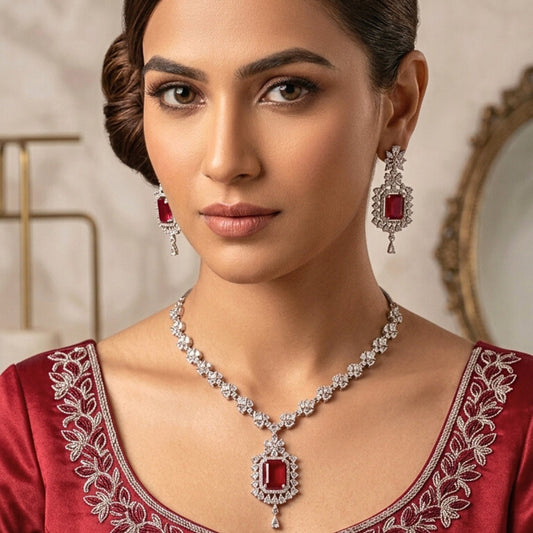 Ruby Red Silver Short Lightweight American Diamond Necklace Set for Women for Occasion and Party Wear (MC-NS-009-RB-SL)
