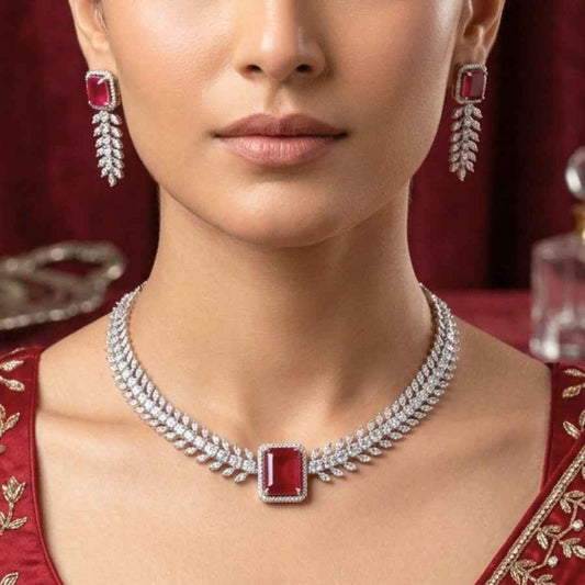 Ruby Silver Polish Short Lightweight American Diamond Necklace Set - The Indian Mudra