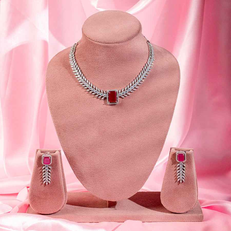 Ruby Silver Polish Short Lightweight American Diamond Necklace Set for Women for Occasion and Party Wear (MC-NS-001-RB-SL)