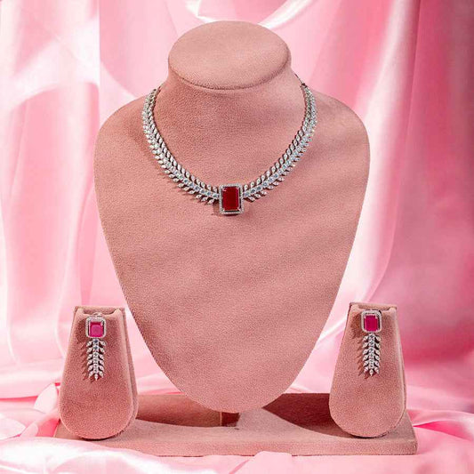 Ruby Silver Polish Short Lightweight American Diamond Necklace Set for Women for Occasion and Party Wear (MC-NS-001-RB-SL)