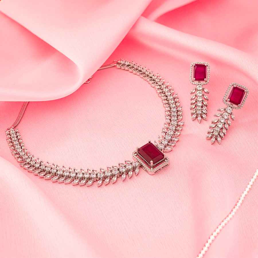 Ruby Silver Polish Short Lightweight American Diamond Necklace Set for Women for Occasion and Party Wear (MC-NS-001-RB-SL)