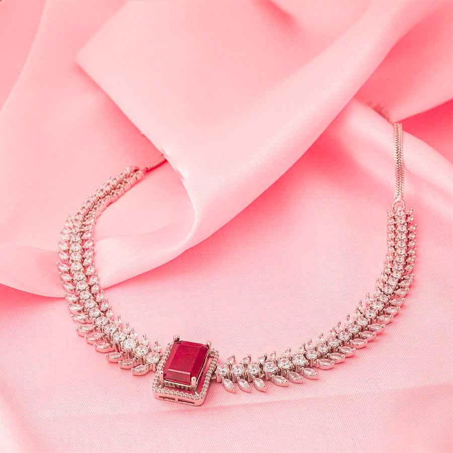 Ruby Silver Polish Short Lightweight American Diamond Necklace Set for Women for Occasion and Party Wear (MC-NS-001-RB-SL)