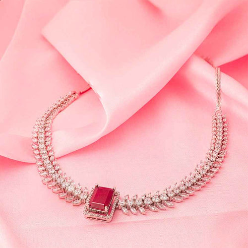 Ruby Silver Polish Short Lightweight American Diamond Necklace Set for Women for Occasion and Party Wear (MC-NS-001-RB-SL)