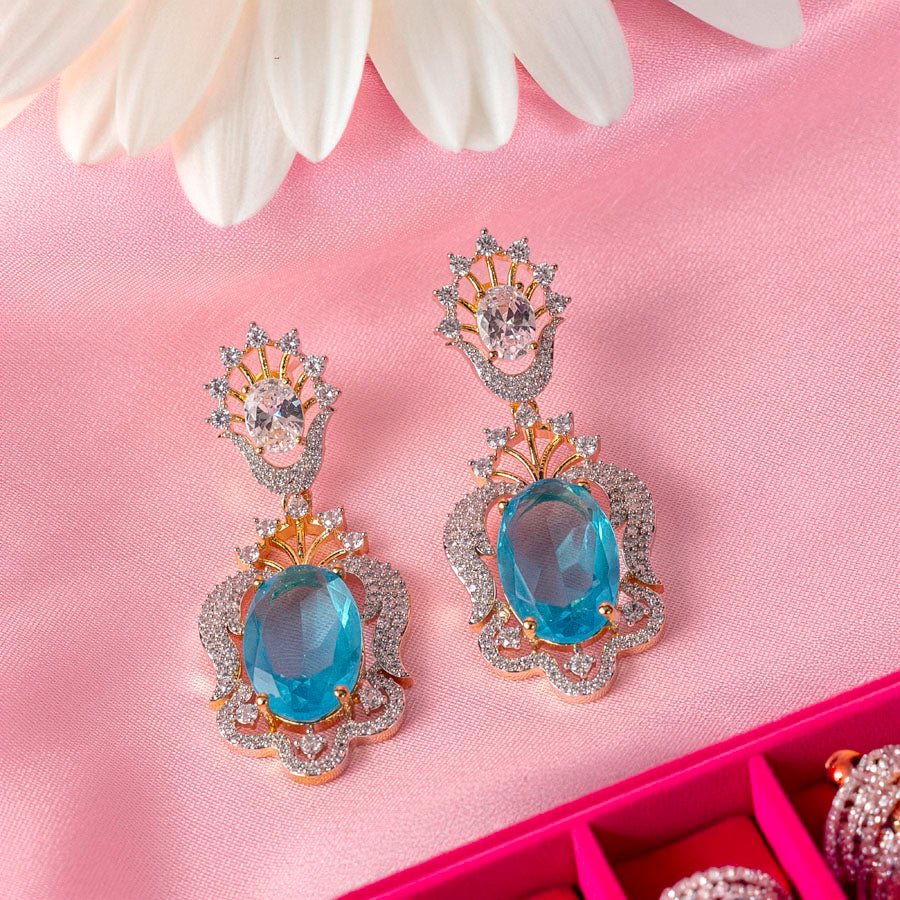 Sapphire Blue Gold Polish Earrings Lightweight American Diamond for Women for Occasion and Party Wear (MI - ER - 002 - BL - GD) - The Indian Mudra