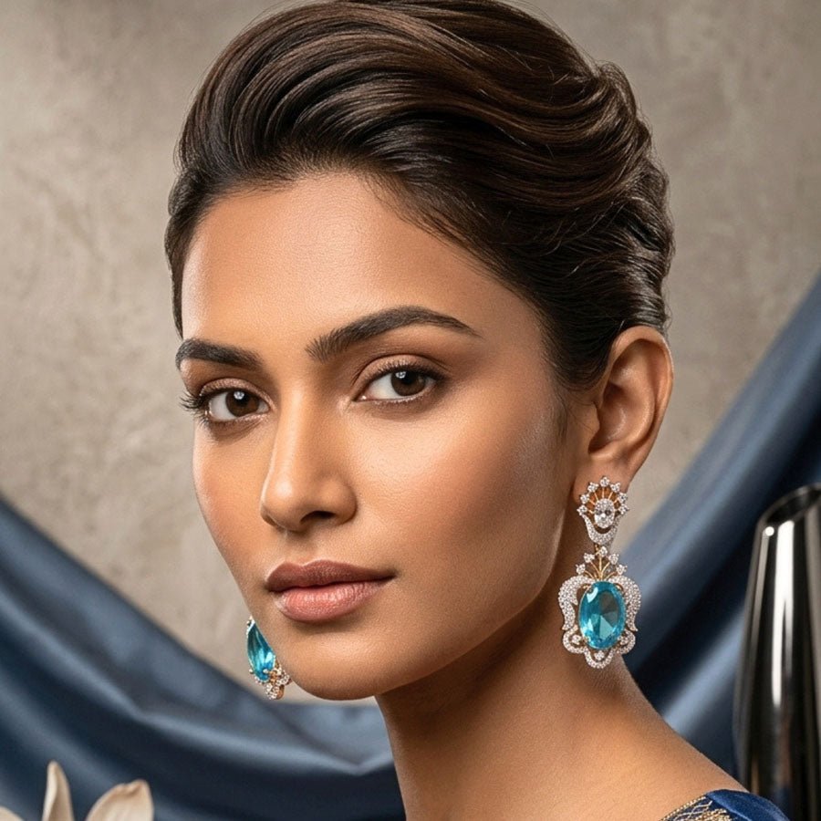 Sapphire Blue Gold Polish Earrings Lightweight American Diamond for Women for Occasion and Party Wear (MI - ER - 002 - BL - GD) - The Indian Mudra