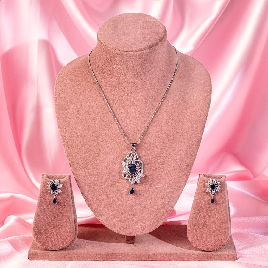 Sapphire Blue Silver Lightweight American Diamond Pendant Set for Women for Occasion and Party Wear (MI - PEN - 002 - BL - SL) - The Indian Mudra