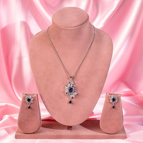 Sapphire Blue Silver Lightweight American Diamond Pendant Set for Women for Occasion and Party Wear (MI - PEN - 002 - BL - SL) - The Indian Mudra