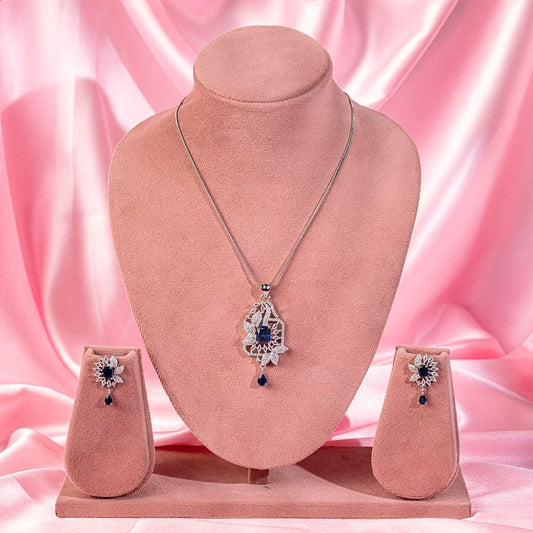 Sapphire Blue Silver Lightweight American Diamond Pendant Set for Women for Occasion and Party Wear (MI - PEN - 002 - BL - SL) - The Indian Mudra