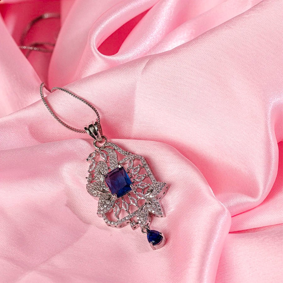 Sapphire Blue Silver Lightweight American Diamond Pendant Set for Women for Occasion and Party Wear (MI - PEN - 002 - BL - SL) - The Indian Mudra