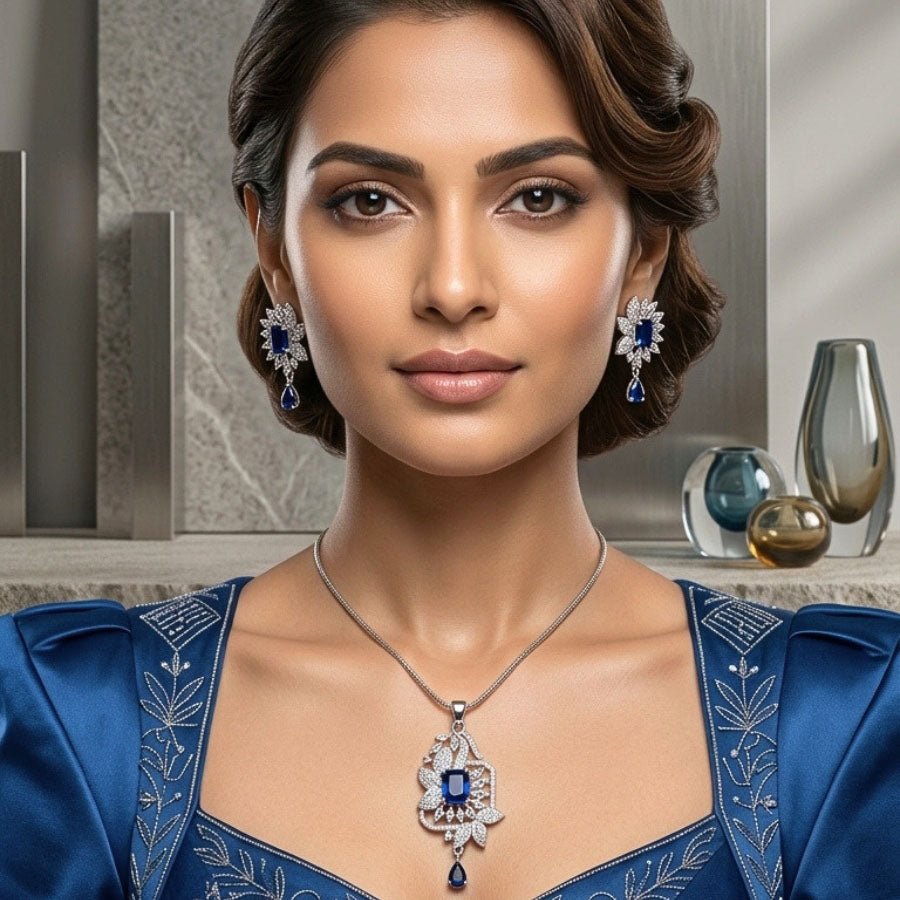 Sapphire Blue Silver Lightweight American Diamond Pendant Set for Women for Occasion and Party Wear (MI - PEN - 002 - BL - SL) - The Indian Mudra