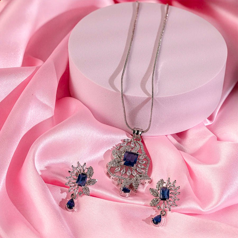 Sapphire Blue Silver Lightweight American Diamond Pendant Set for Women for Occasion and Party Wear (MI - PEN - 002 - BL - SL) - The Indian Mudra