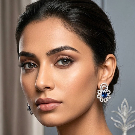 Sapphire Blue Silver Polish Earrings Lightweight American Diamond for Women for Occasion and Party Wear (MI - ER - 001 - BL - SL) - The Indian Mudra