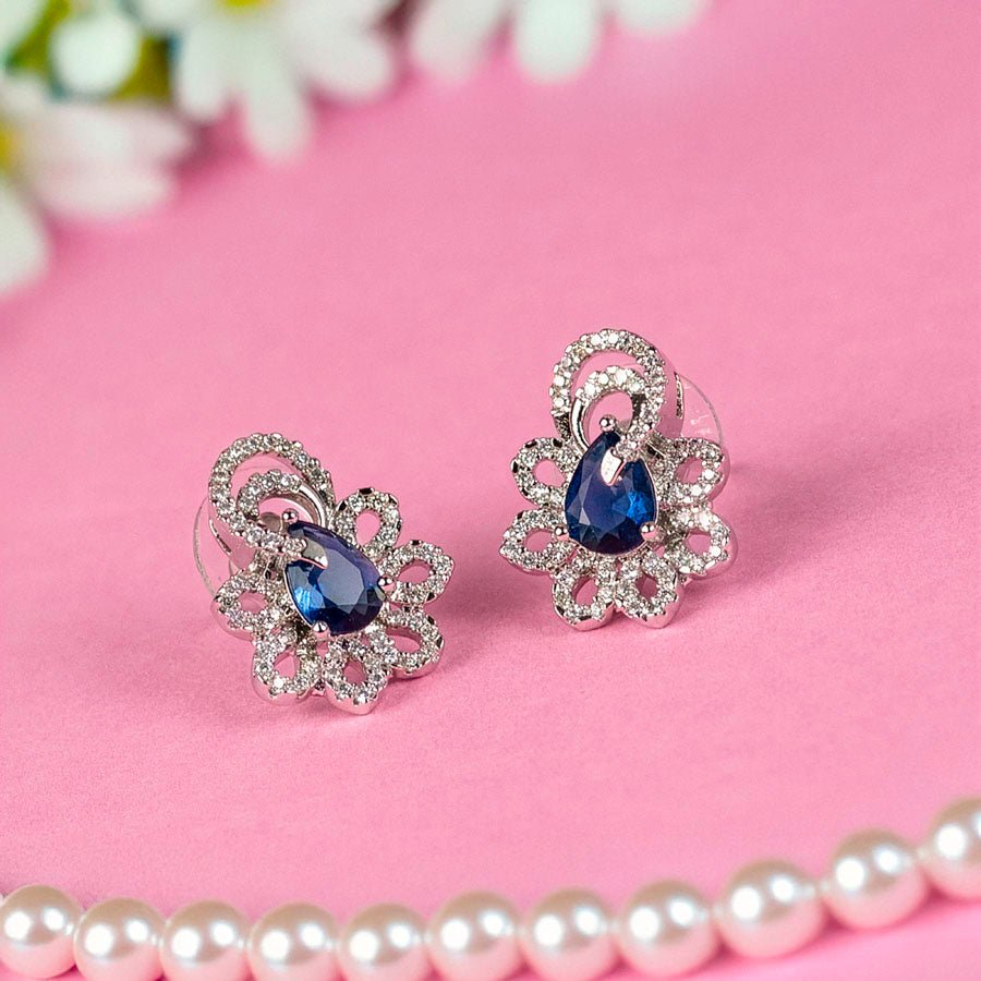 Sapphire Blue Silver Polish Earrings Lightweight American Diamond for Women for Occasion and Party Wear (MI - ER - 001 - BL - SL) - The Indian Mudra