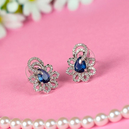 Sapphire Blue Silver Polish Earrings Lightweight American Diamond for Women for Occasion and Party Wear (MI - ER - 001 - BL - SL) - The Indian Mudra