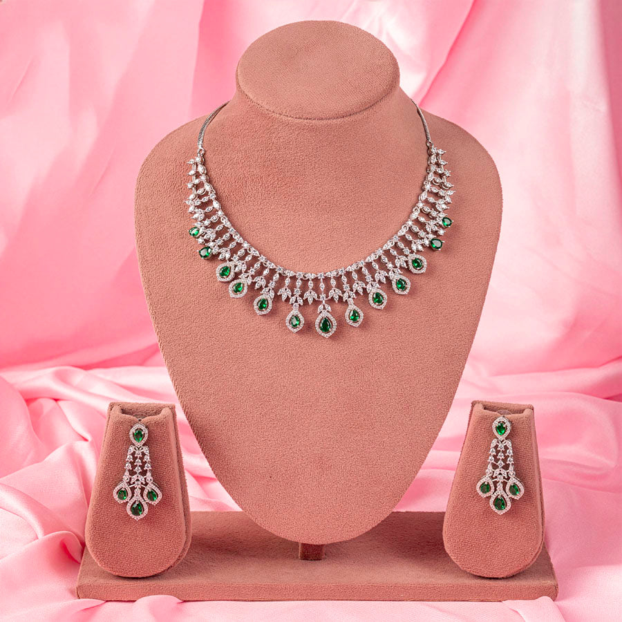 Short Silver Polish Bottle Green Lightweight American Diamond Necklace Set for Women for Occasion and Party Wear (MC-NS-016-EM-SL-1)