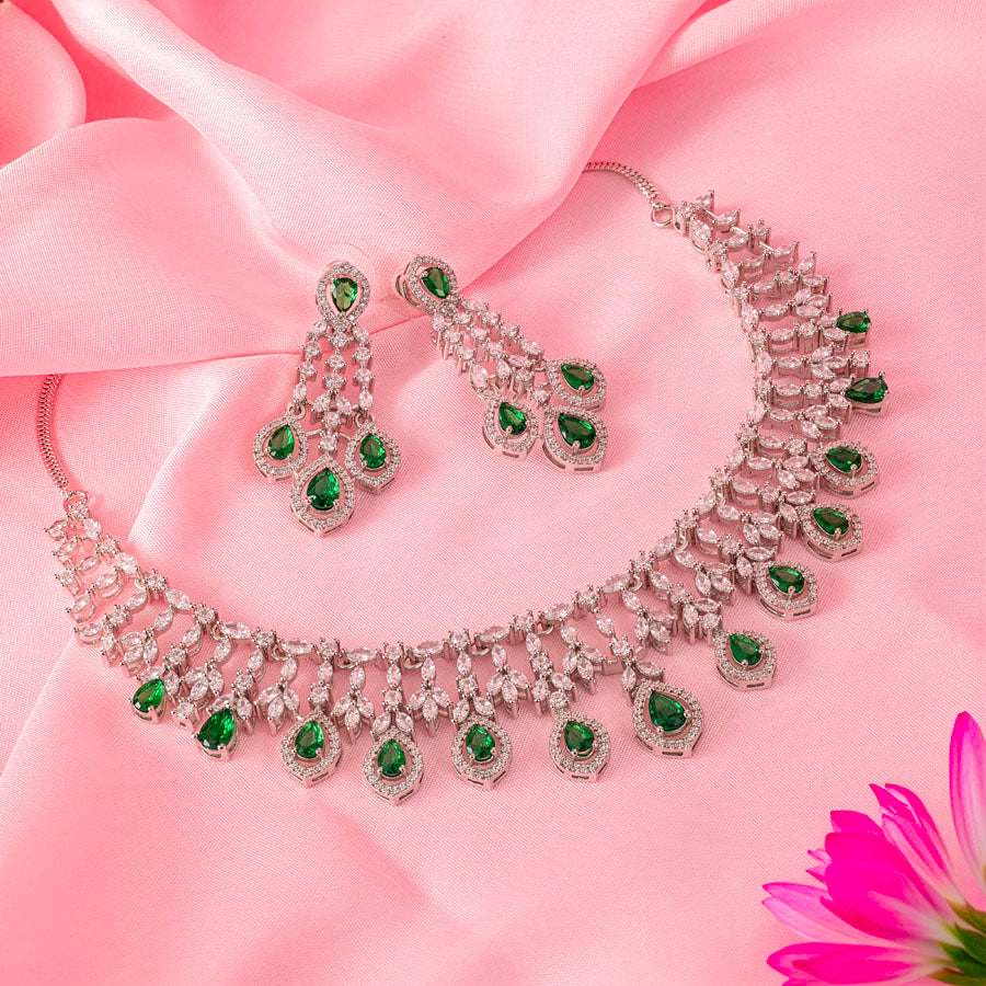 Short Silver Polish Bottle Green Lightweight American Diamond Necklace Set for Women for Occasion and Party Wear (MC-NS-016-EM-SL-1)