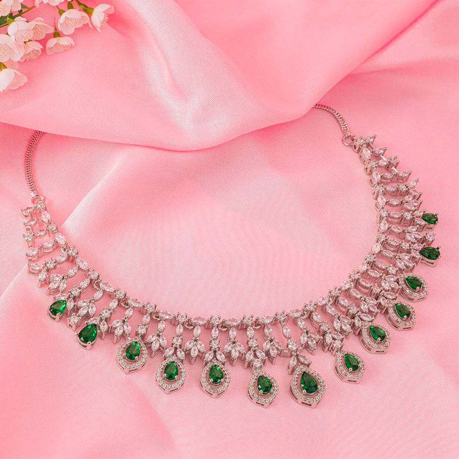 Short Silver Polish Bottle Green Lightweight American Diamond Necklace Set for Women for Occasion and Party Wear (MC-NS-016-EM-SL-1)