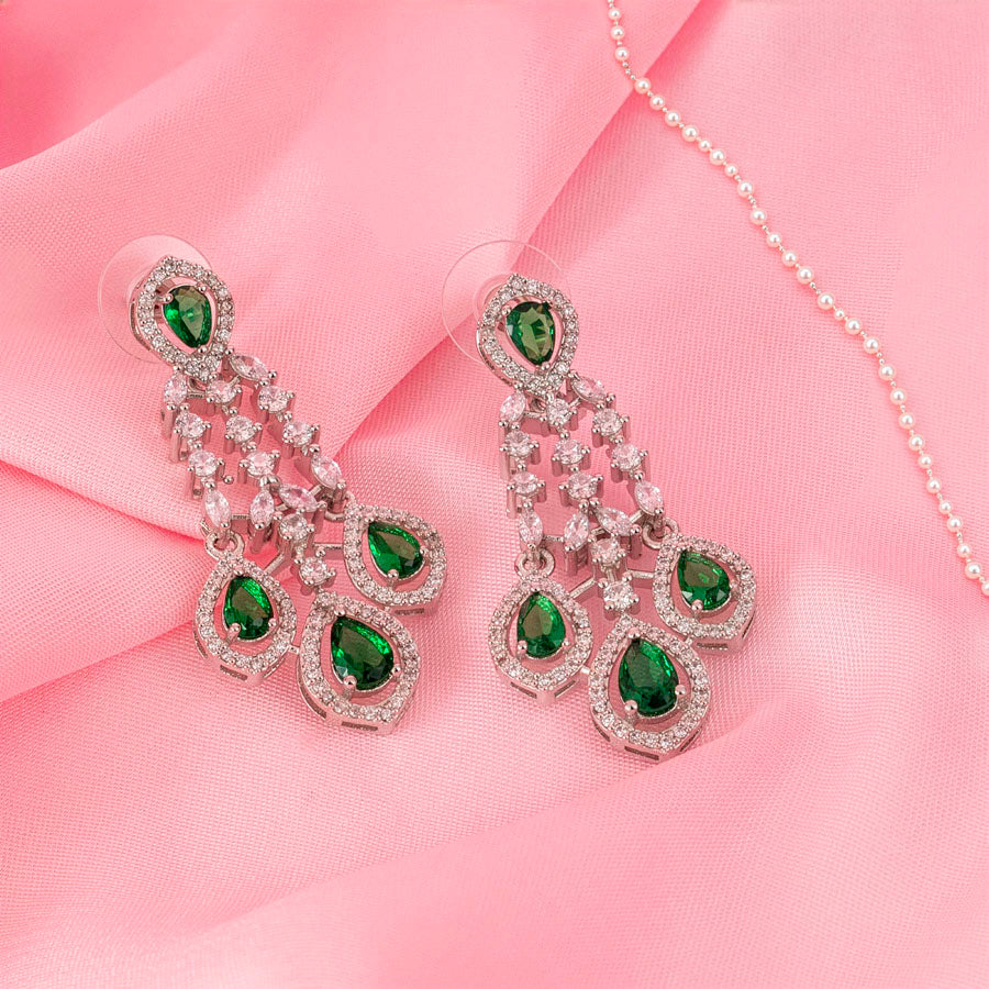 Short Silver Polish Bottle Green Lightweight American Diamond Necklace Set for Women for Occasion and Party Wear (MC-NS-016-EM-SL-1)
