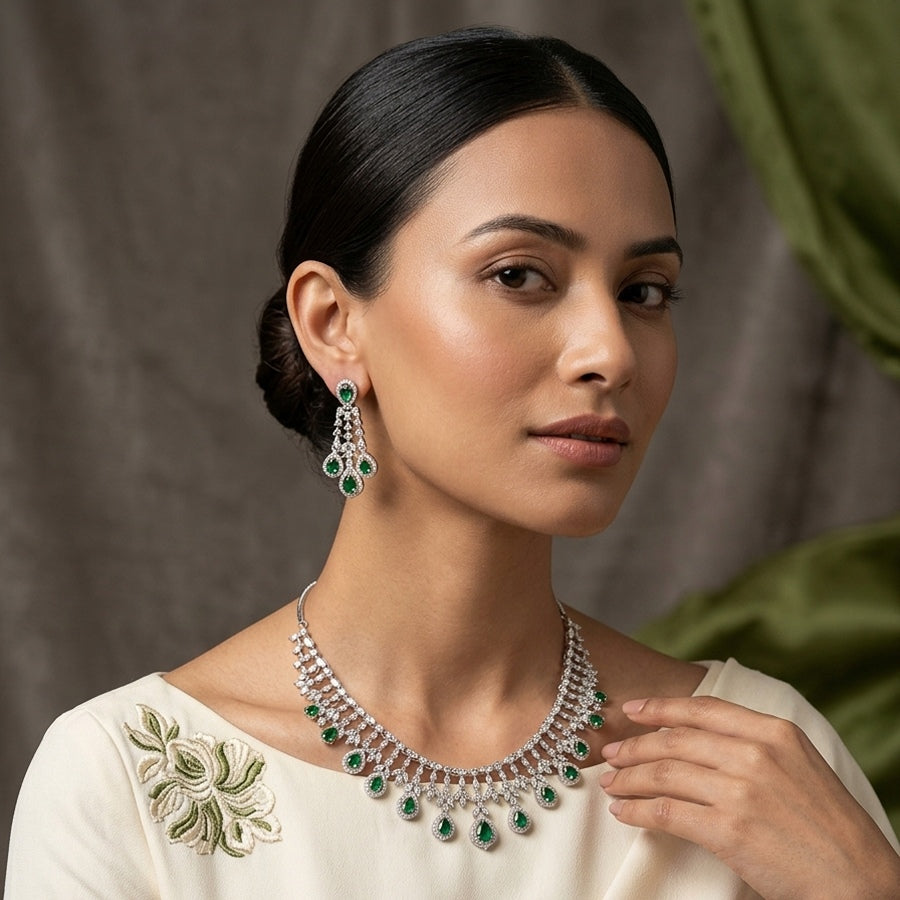 Short Silver Polish Bottle Green Lightweight American Diamond Necklace Set for Women for Occasion and Party Wear (MC-NS-016-EM-SL-1)