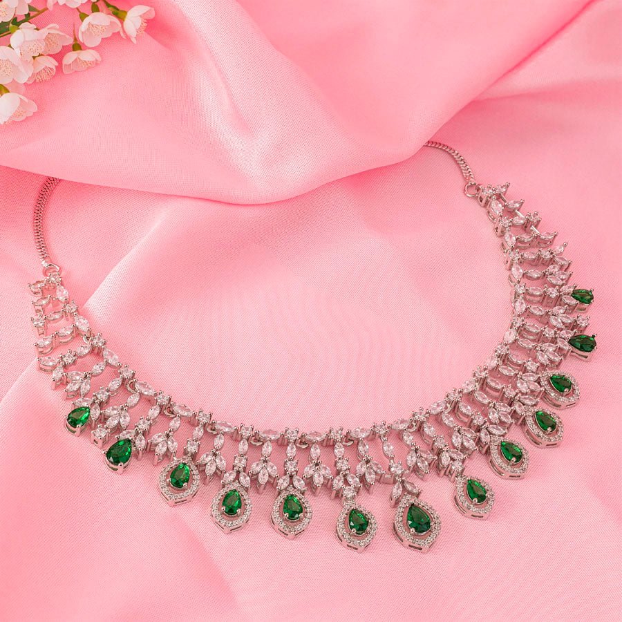 Short Silver Polish Bottle Green Lightweight American Diamond Necklace Set for Women for Occasion and Party Wear (MC-NS-016-EM-SL-1) - The Indian Mudra
