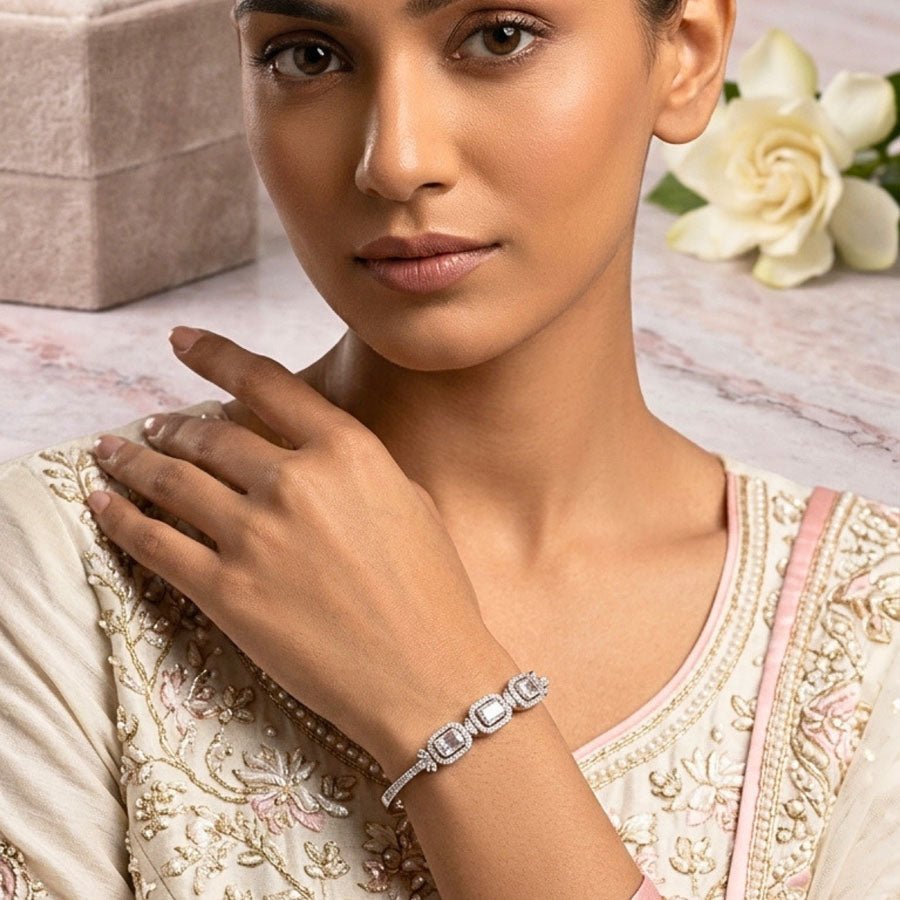 Silver Polish American Diamond Bracelet for Women for Occasion and Party Wear (MI-BR-005-AD-SL) - The Indian Mudra