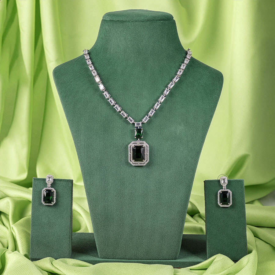 Silver Polish Short American Diamond Necklace Set Bottle Green for Women for Occasion and Party Wear Lightweight (MC-NS-021-EM-SL-1)