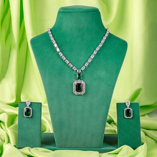 Silver Polish Short American Diamond Necklace Set Bottle Green for Women for Occasion and Party Wear Lightweight (MC-NS-021-EM-SL-1)