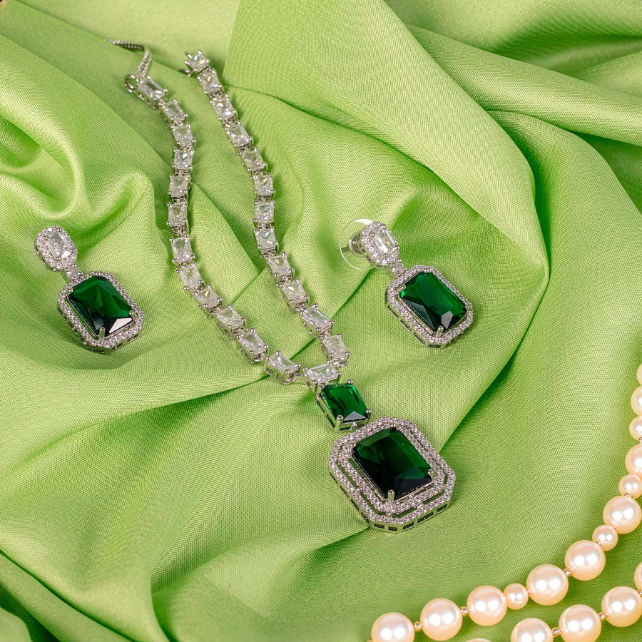 Silver Polish Short American Diamond Necklace Set Bottle Green for Women for Occasion and Party Wear Lightweight (MC-NS-021-EM-SL-1)
