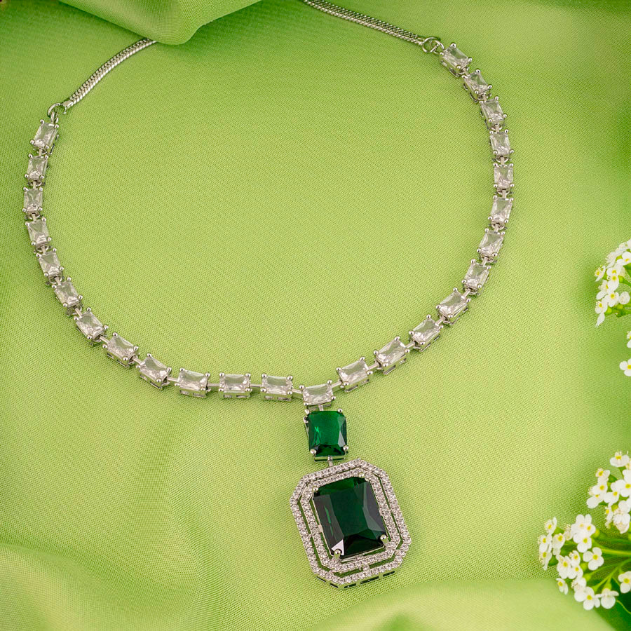 Silver Polish Short American Diamond Necklace Set Bottle Green for Women for Occasion and Party Wear Lightweight (MC-NS-021-EM-SL-1)