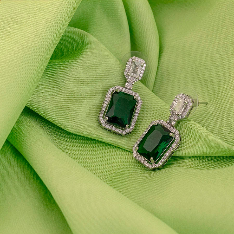 Silver Polish Short American Diamond Necklace Set Bottle Green for Women for Occasion and Party Wear Lightweight (MC-NS-021-EM-SL-1)