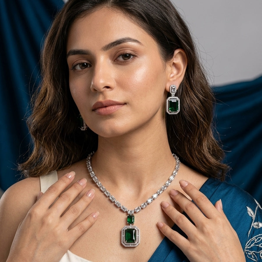 Silver Polish Short American Diamond Necklace Set Bottle Green for Women for Occasion and Party Wear Lightweight (MC-NS-021-EM-SL-1)