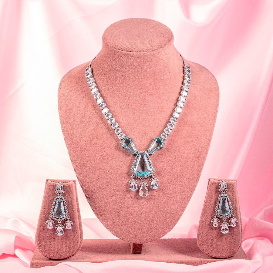 Sky Blue Silver Short Lightweight American Diamond Necklace Set for Women for Occasion and Party Wear (MC-NS-012-BL-SL)