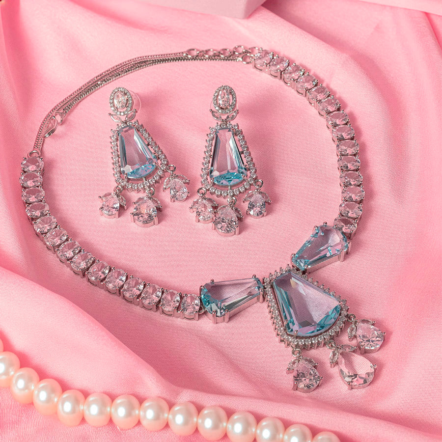 Sky Blue Silver Short Lightweight American Diamond Necklace Set for Women for Occasion and Party Wear (MC-NS-012-BL-SL)