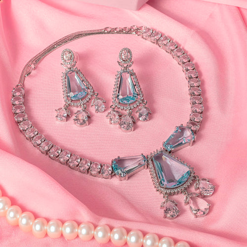 Sky Blue Silver Short Lightweight American Diamond Necklace Set for Women for Occasion and Party Wear (MC-NS-012-BL-SL)