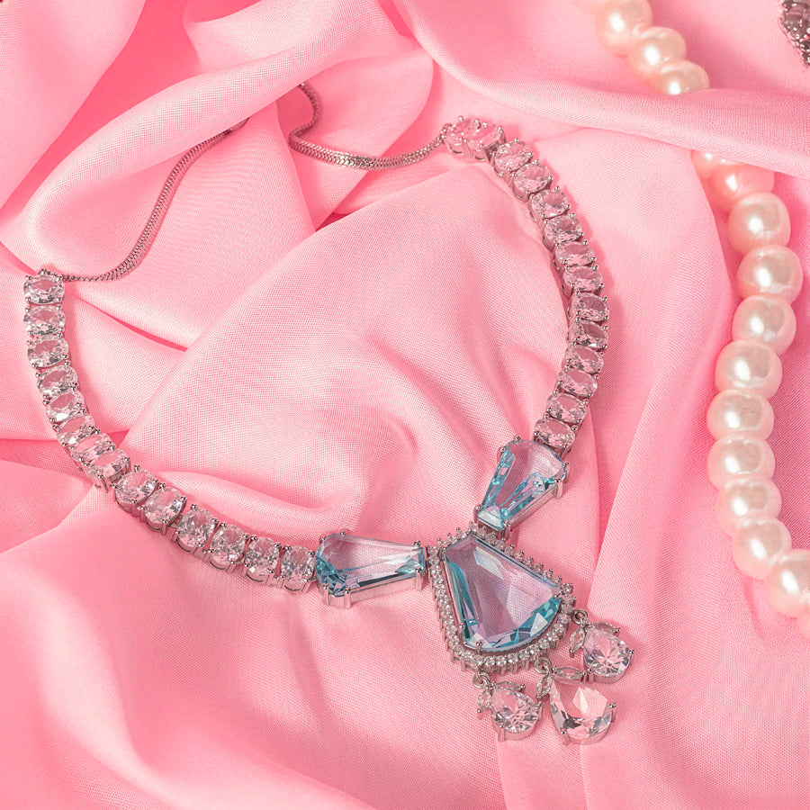 Sky Blue Silver Short Lightweight American Diamond Necklace Set for Women for Occasion and Party Wear (MC-NS-012-BL-SL)