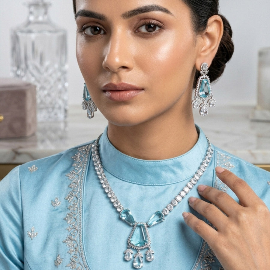 Sky Blue Silver Short Lightweight American Diamond Necklace Set for Women for Occasion and Party Wear (MC-NS-012-BL-SL)