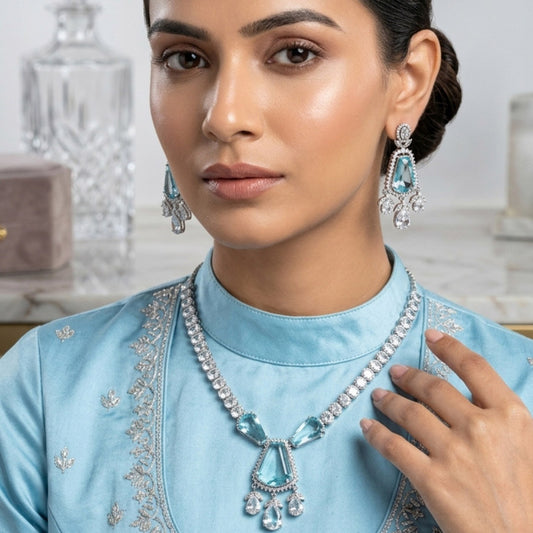 Sky Blue Silver Short Lightweight American Diamond Necklace Set for Women for Occasion and Party Wear (MC-NS-012-BL-SL)