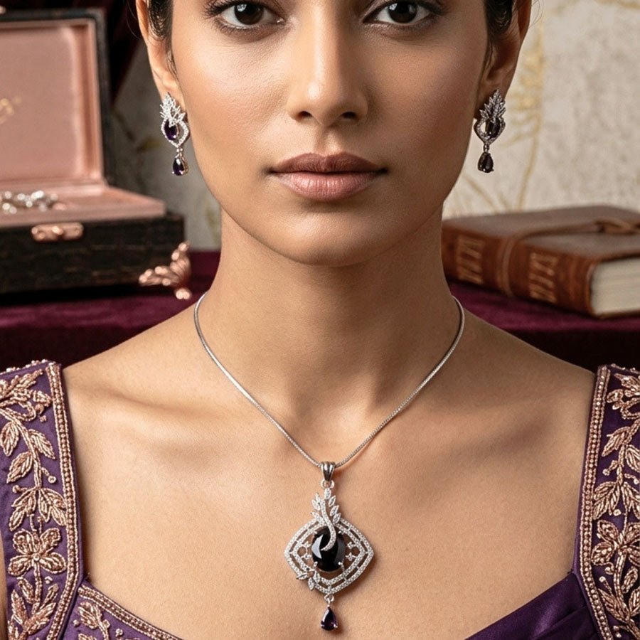 Violet American Diamond Lightweight Pendant Set for Women for Occasion and Party Wear (MI - PEN - 004 - PUR - SL) - The Indian Mudra