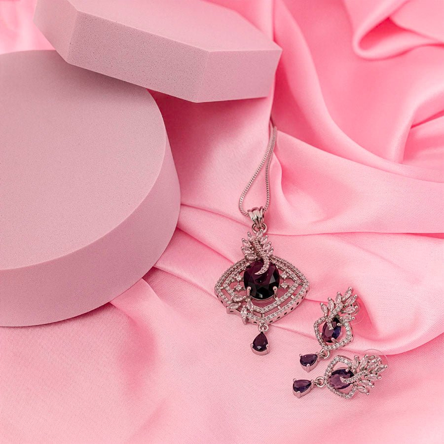 Violet American Diamond Lightweight Pendant Set for Women for Occasion and Party Wear (MI - PEN - 004 - PUR - SL) - The Indian Mudra