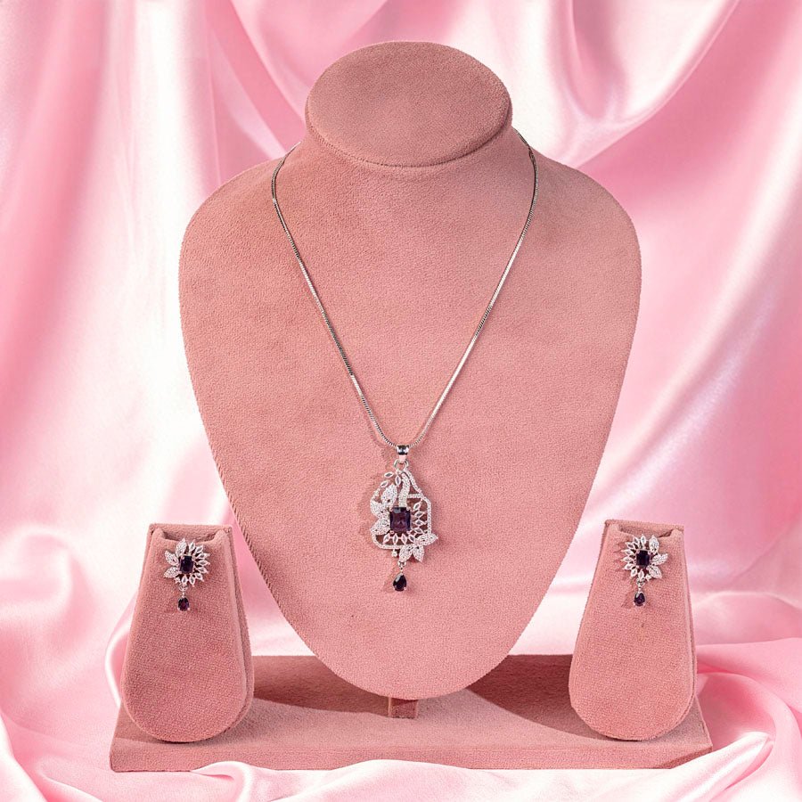 Violet Silver Lightweight American Diamond Pendant Set for Women for Occasion and Party Wear (MI - PEN - 002 - AM - SL) - The Indian Mudra